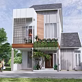 Two Story Modern Detached Villa Exterior Design With Green Plants Balcony And Wooden Elements