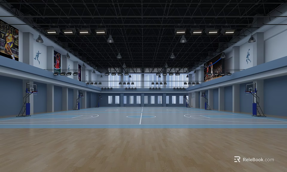 Indoor Basketball Court With Blue Wooden Floor Hanging Lights Banners And Windows 3d model 