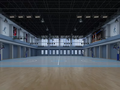 Indoor Basketball Court With Blue Wooden Floor Hanging Lights Banners And Windows 3d model