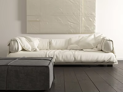 Modern Minimalist White Sectional Sofa With Loose Pillows Large Canvas Artwork And Gray Coffee Table 3d model