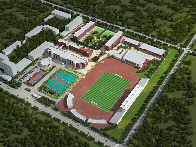 School Campus Architecture Featuring Classroom Buildings Sports Field Running Track And Green Areas 3d model