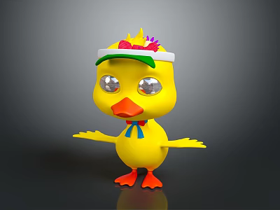 Cute Yellow Duck Character With White Headband Pink Green Decorations Silver Eyes And Orange Feet 3d model