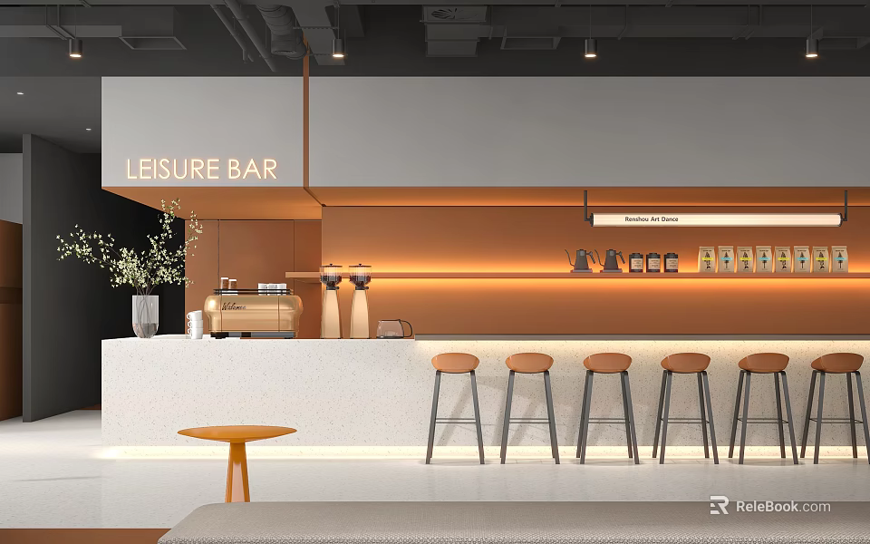 Modern Café Interior Design Featuring Leisure Bar Counter White Surface Warm Lighting And Stools 3d model 