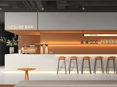 Modern Café Interior Design Featuring Leisure Bar Counter White Surface Warm Lighting And Stools 3d model