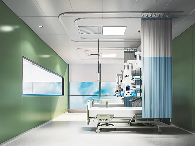 Hospital Outpatient Ward Interior With Green Walls Medical Bed Equipment Window And Curtain 3d model