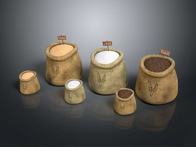 Burlap Sacks In Different Sizes Filled With Flour Salt And Sugar Food Ingredients 3d model