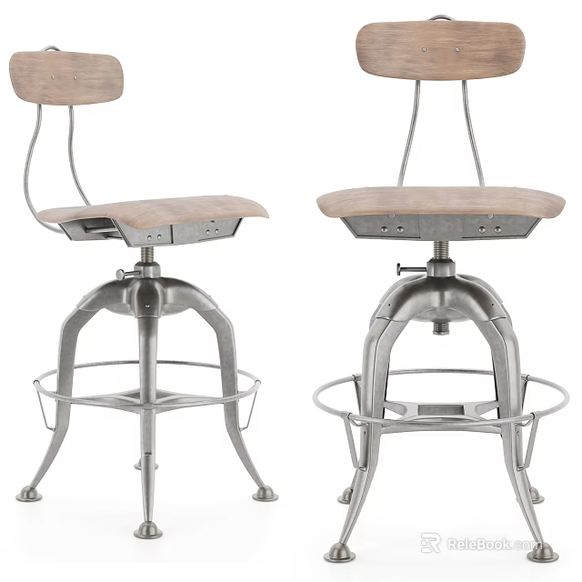 Modern Office Chair With Wooden Seat Backrest And Metal Frame Adjustable Height Footrest Ring 3d model 