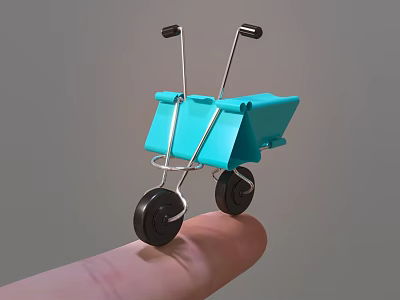 Blue Miniature Toy Cart With Metal Handles And Black Wheels On Finger 3d model
