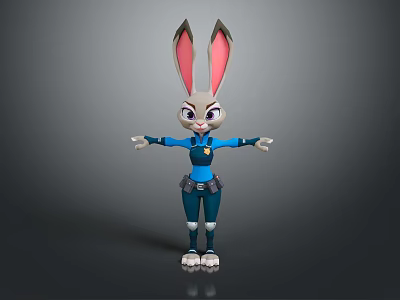 Cartoon Rabbit Character In Blue Police Uniform With Long Ears Arms Outstretched 3d model