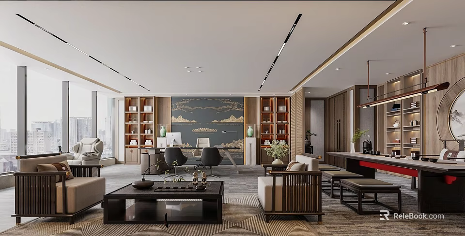 Modern Office Interior With Wooden Shelves Mountain Painting Sofa Chairs Coffee Table And Plants 3d model 