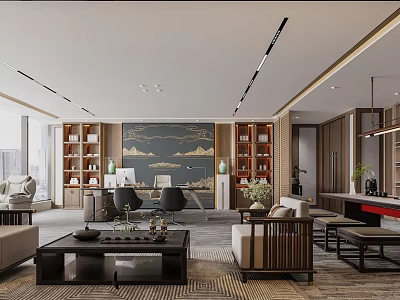 Modern Office Interior With Wooden Shelves Mountain Painting Sofa Chairs Coffee Table And Plants 3d model