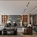 Modern Office Interior With Wooden Shelves Mountain Painting Sofa Chairs Coffee Table And Plants
