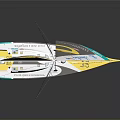 Yellow and Black Sailboat Model with Colorful Logos on Sail and Reflective Base