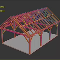 Orange Wooden Roof Truss Structure with Supporting Columns on White Platform Display Model