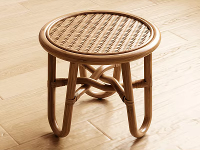 Natural Rattan Round Stool With Woven Seat And Curved Crossed Legs 3d model