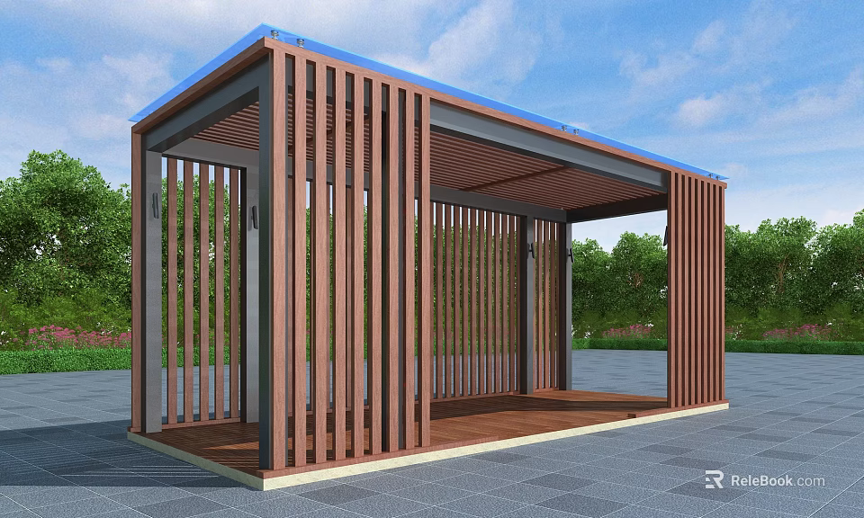 Modern Outdoor Pergola With Wooden Slat Structure Blue Canopy And Green Trees 3d model 