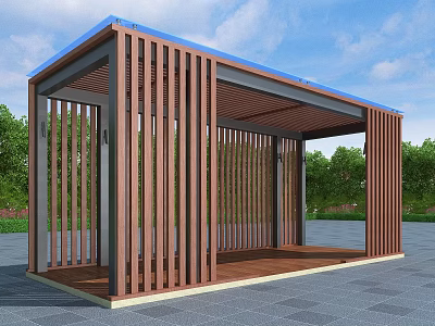 Modern Outdoor Pergola With Wooden Slat Structure Blue Canopy And Green Trees 3d model