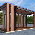 Modern Outdoor Pergola With Wooden Slat Structure Blue Canopy And Green Trees