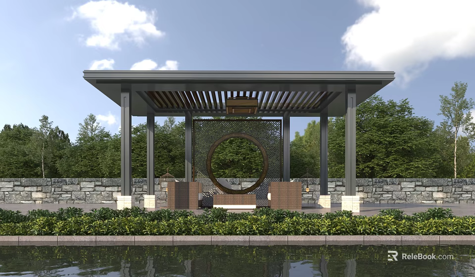 Outdoor Pavilion With Circular Screen Seating Greenery Stone Wall And Water Feature 3d model 