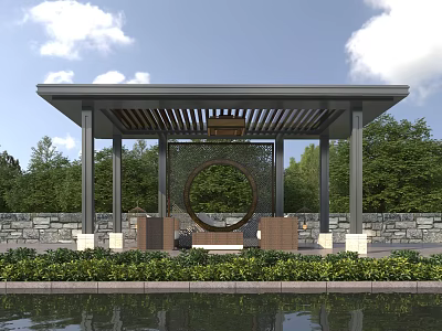 Outdoor Pavilion With Circular Screen Seating Greenery Stone Wall And Water Feature 3d model