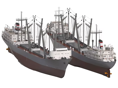Two Vintage Cargo Ship Models With Multiple Masts And Gray Brown Hulls 3d model