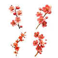 Botanical Paintings of Red Pink Flower Branches for Decorative Art Pieces