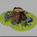 Natural Scene with Tree Stump Green Grass Red Mushrooms Rocks Small Flowers and Glowing Spots