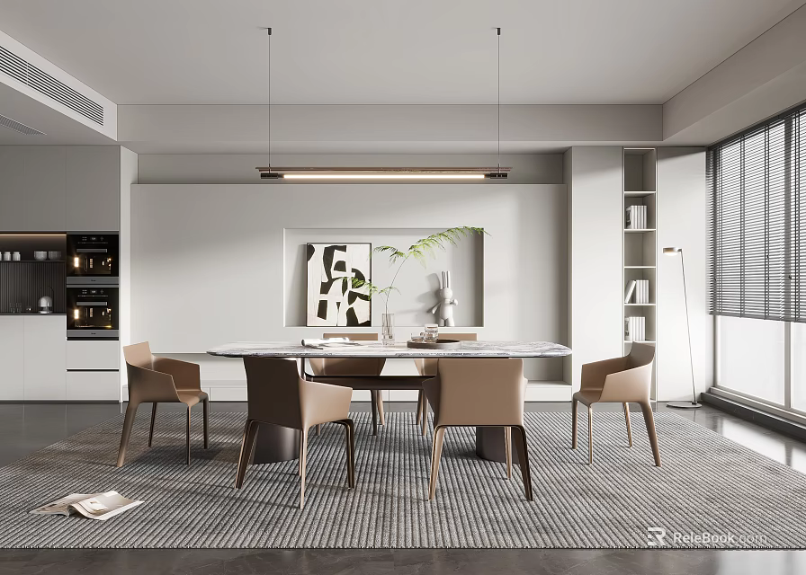 Modern Restaurant Interior With Round Dining Table Beige Chairs Pendant Lights And Open Kitchen Appliances 3d model 