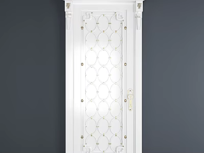 Elegant White Swing Door With Decorative Pattern And Gold Accents Frame Design 3d model