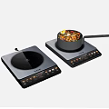 Two Electric Induction Cooktops With Frying Pan And Cooking Food On Control Panel