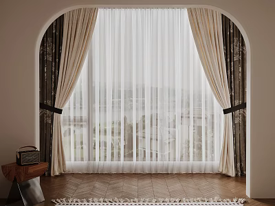 Elegant Double Layer Curtains With Sheer Panels And Tiebacks For Arched Window Interior 3d model