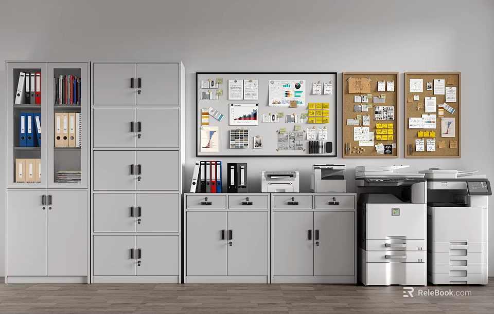 Grey Office Bookcases With Bulletin Boards Charts Notes File Cabinets And Printers 3d model 