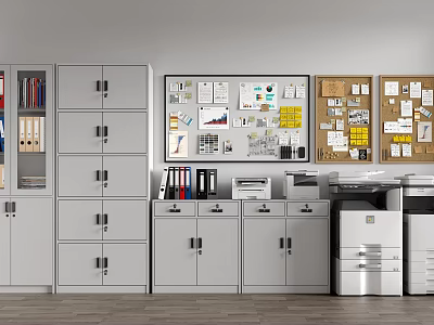 Grey Office Bookcases With Bulletin Boards Charts Notes File Cabinets And Printers 3d model