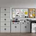 Grey Office Bookcases With Bulletin Boards Charts Notes File Cabinets And Printers