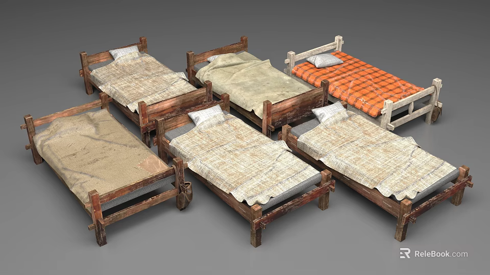 Vintage Single Bed Collection With Wooden Frames And Various Bed Sheets 3d model 