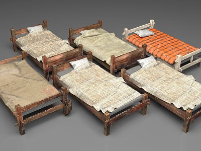 Vintage Single Bed Collection With Wooden Frames And Various Bed Sheets 3d model