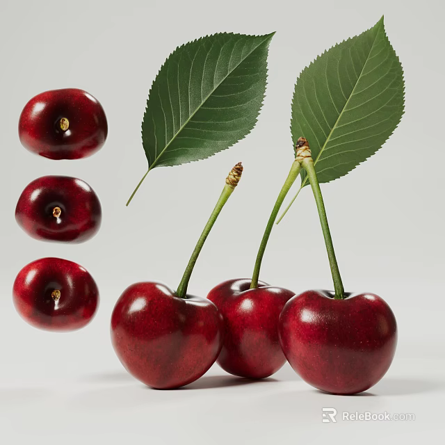 Fresh Juicy Ripe Red Cherries With Green Leaves On White Background 3d model 