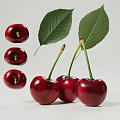 Fresh Juicy Ripe Red Cherries With Green Leaves On White Background