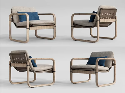 Minimalist Accent Chair With Wooden Frame Light Gray Cushion And Blue Decorative Pillow 3d model