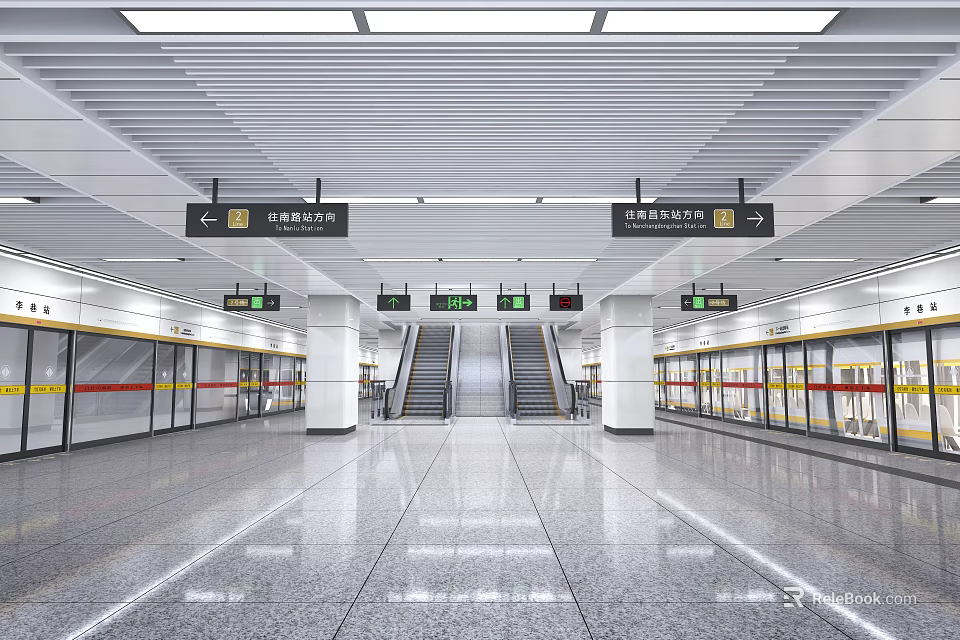 Modern Subway Station Platform With Glass Barriers Staircase And Directional Signage 3d model 