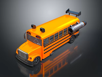 Yellow School Bus With Black Stripes Modified Roof Spoiler Rear Exhaust And Dark Surface Reflection 3d model
