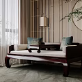 Traditional Chinese Luohan Bed With Wooden Frame Blue Cushions And Decorative Screen