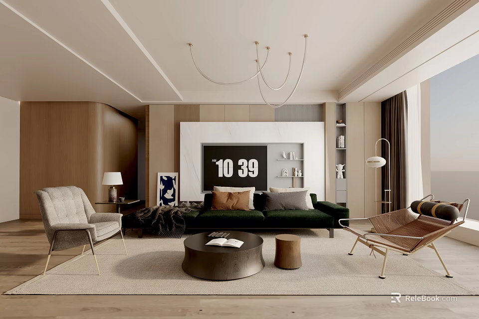 Modern Living Room Interior With Green Sofa Round Coffee Table Accent Chairs And Hanging Chandelier 3d model 