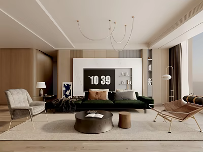 Modern Living Room Interior With Green Sofa Round Coffee Table Accent Chairs And Hanging Chandelier 3d model