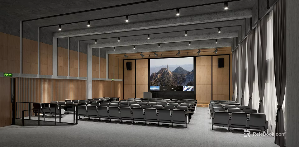 Modern Conference Room Interior With Wooden Walls Large Screen And Rows Of Comfortable Chairs 3d model 