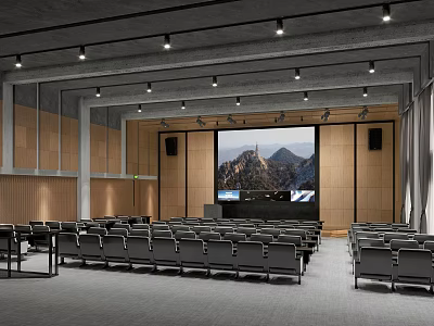 Modern Conference Room Interior With Wooden Walls Large Screen And Rows Of Comfortable Chairs 3d model