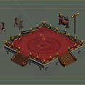 Cartoon Scene Featuring Red Carpet Platform With Railing Stairs Weapon Racks Drum And Lamp Post