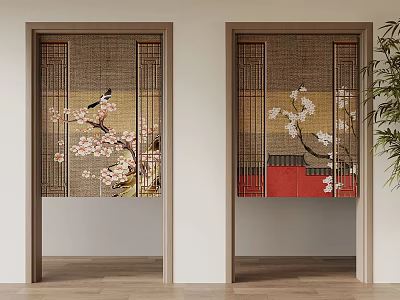 Traditional Bamboo Screen Doors With Plum Blossom Bird Patterns And Red Accents 3d model
