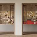 Traditional Bamboo Screen Doors With Plum Blossom Bird Patterns And Red Accents