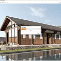 Traditional Style Building With Sloped Roof Wooden Stone Structure And Water Reflection